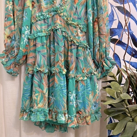 New B. Dainty Polyester Floral Green Cut Out Back Long Sleeve Babydoll Dress - Picture 5 of 13